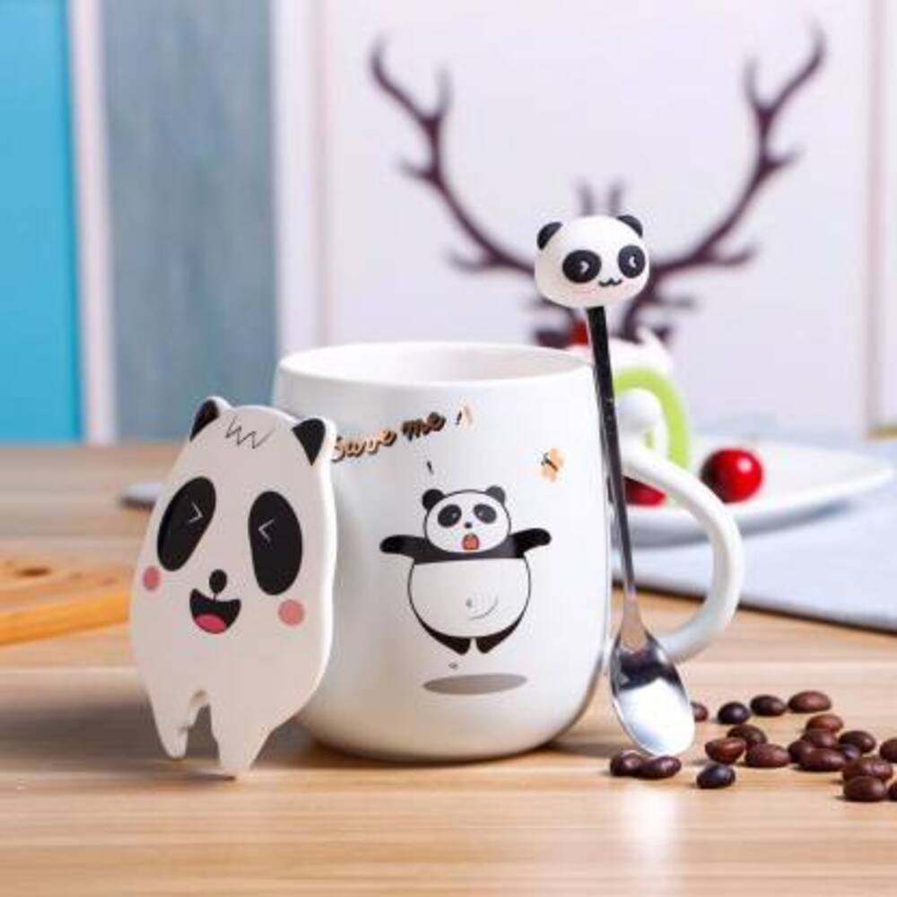 3D Mouth Lid Printed Panda Ceramic Coffee with Stainless Spoon Ceramic Coffee Mug  (350 ml)