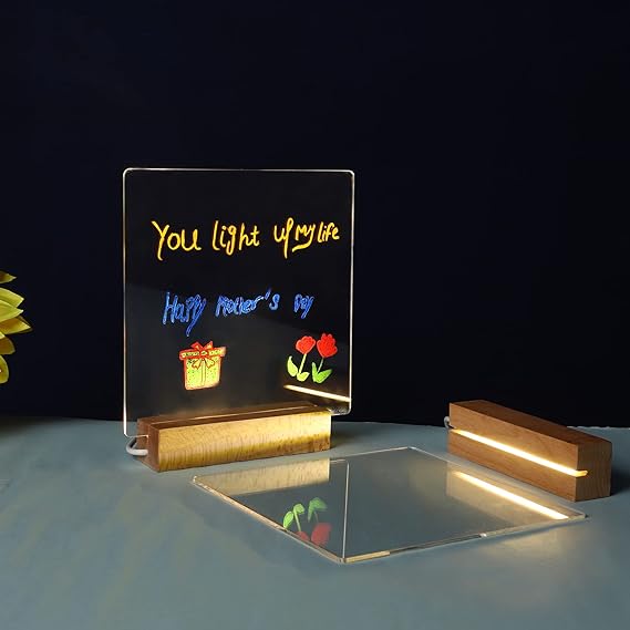 Luminious 3D Acrylic Writing DIY Board with 12 Pens LED Night Light Message Board, Rewritable Message board with Wooden stand, Dry Erase Board for Home &  Office.