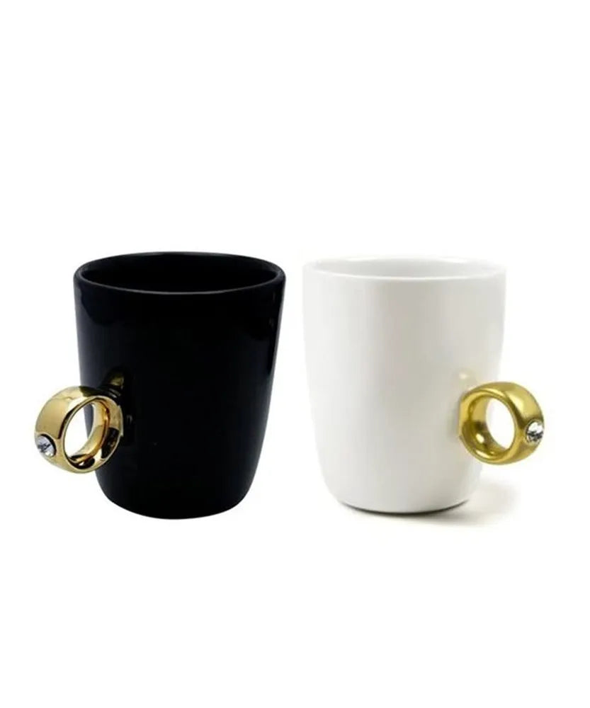 Ceramic Black & White Mug Gold Coffee Tea Diamond Solitaire Ring, Packaging Type: Box, 300 ml