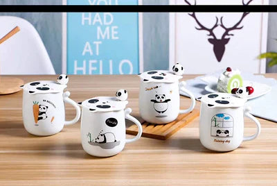 3D Mouth Lid Printed Panda Ceramic Coffee with Stainless Spoon Ceramic Coffee Mug  (350 ml)