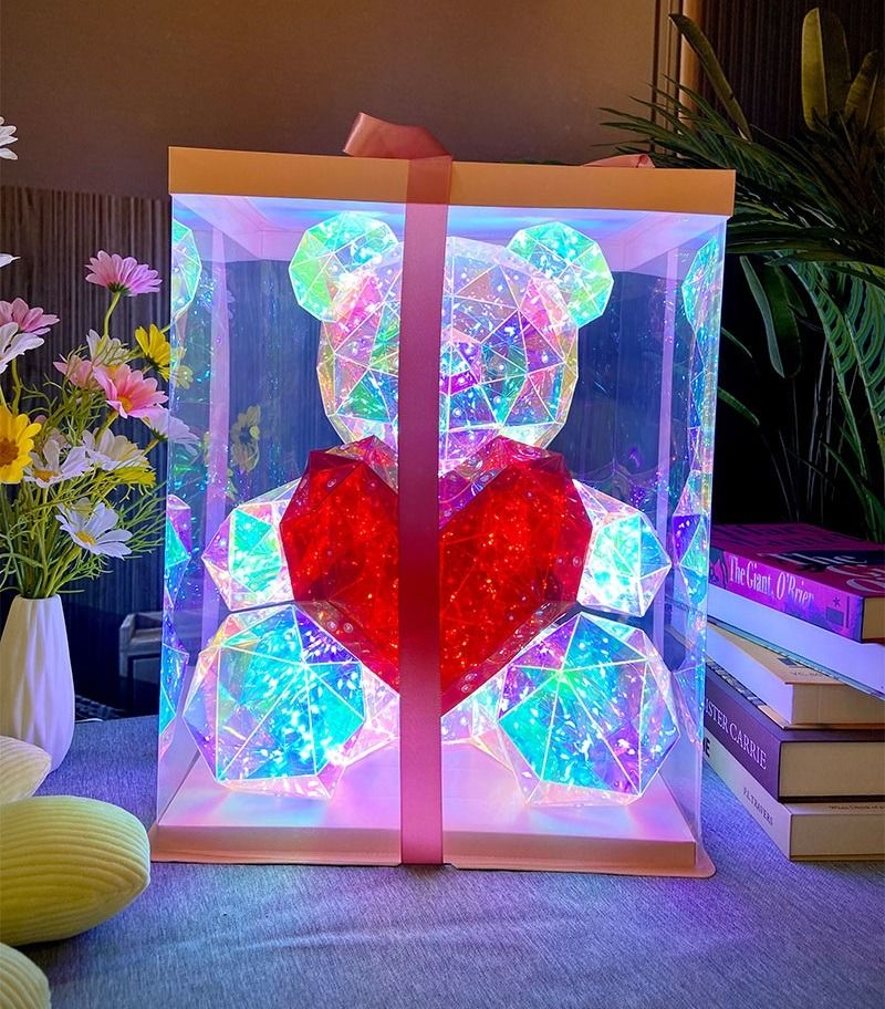 Gorgeous Shining LED Teddy Bear Holding a Red Heart, Forever Gifts for Her Valentine's Day Anniversary and Birthday Mood Lighting Galaxy Lamp