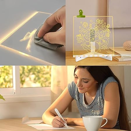 3D Acrylic Writing Board with Pen & Light, LED Rewritable Acrylic Message board with tripod stand, Dry Erase Board with 13 Pen for Note/Message/Memo for Home, Offices