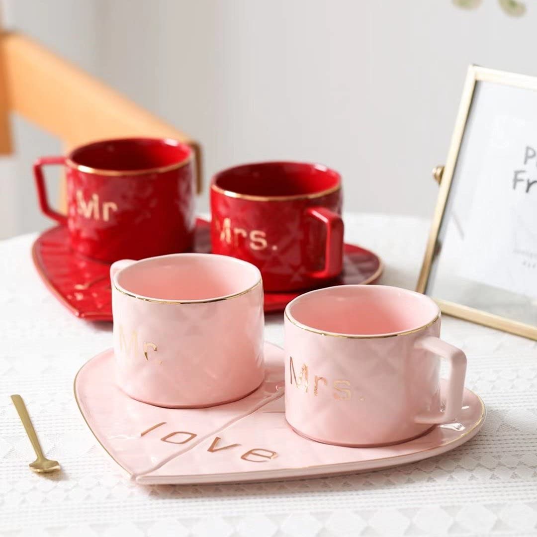 Mr and Mrs Ceramic mug || Couple Coffee Cup and Tea Mugs with Heart Shape  Saucer & Stainless Spoon || Microwave Safe, Dishwasher Safe| Valentine Day Gift Mug. (Red)