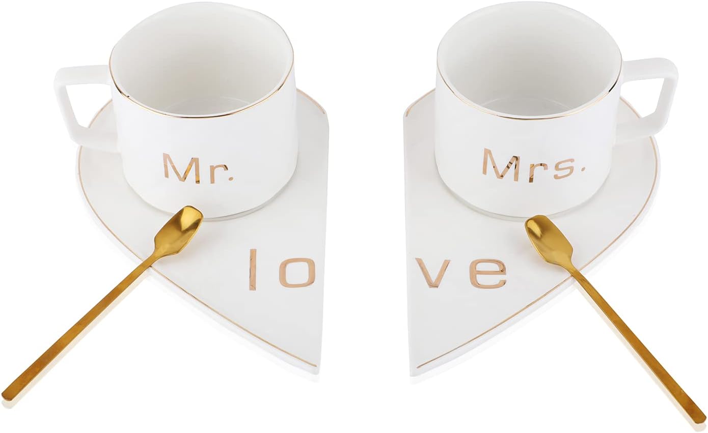 Mr and Mrs Ceramic mug || Couple Coffee Cup and Tea Mugs with Heart Shape  Saucer & Stainless Spoon || Microwave Safe, Dishwasher Safe| Valentine Day Gift Mug. (white)