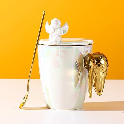 Golden Winged Angel Ceramic Mug With lid & Spoon, Couple Ceramic Coffee Cup,  Drinking Cup Spoon with Lid Easy to Clean Coffee Mug,  Best  Gifting Idea For Girls, Boys, Man, Women, and Everyone.