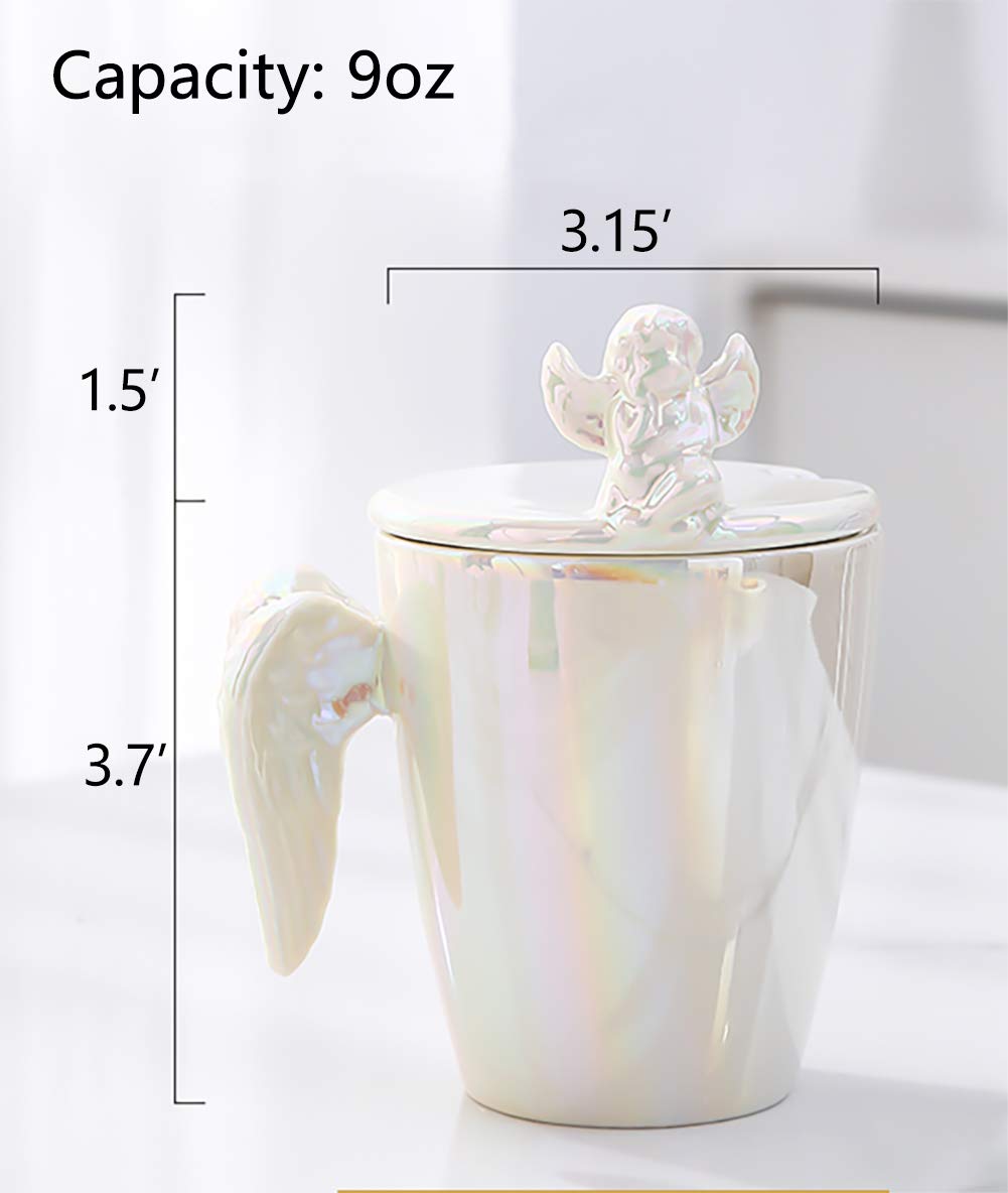 White Angel Wings Ceramic Shaped Handle Mug, Tea Coffee Hot Drinks, Decorative Gift Box, Home Kitchen Office || Angel Coffee Cup Shiny Ceramic Mug/Cup with Lid (White)