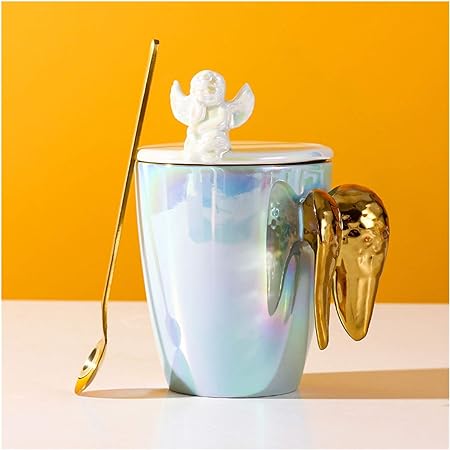 Golden Winged Angel Ceramic Mug With lid & Spoon, Couple Ceramic Coffee Cup,  Drinking Cup Spoon with Lid Easy to Clean Coffee Mug,  Best  Gifting Idea For Girls, Boys, Man, Women, and Everyone.