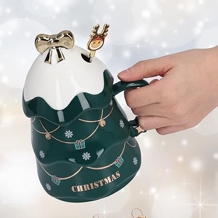 Christmas Coffee Bow Mug, Christmas Tree Ceramic Coffee Mugs 500ml Large Capacity Mug, Cute Cups with Lid and Spoon for Christmas, Gift for Coffee & Tea lovers.