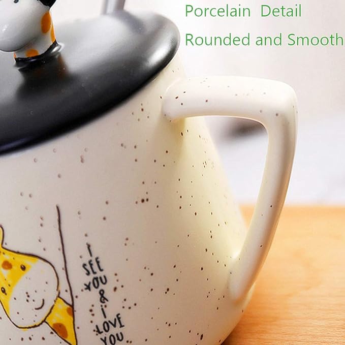 Cute 3D Animal Giraffe Ceramic Coffee Mug with Lid & Spoon Used For Office Coffee,  Home Coffee, Tea and Party time Unique Giraffe print cup, Creative Lovely Design Pattern For  Water, Milk, Juice, Birthday Gift idea .