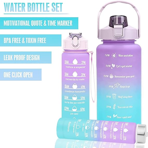 Motivational Leakproof  Water Bottle with Straw Time Marker, stickers , 3 Pcs Set