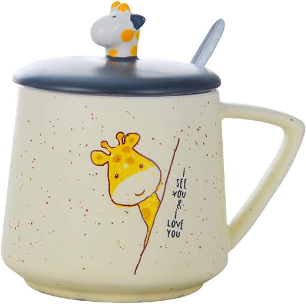 Cute 3D Animal Giraffe Ceramic Coffee Mug with Lid & Spoon Used For Office Coffee,  Home Coffee, Tea and Party time Unique Giraffe print cup, Creative Lovely Design Pattern For  Water, Milk, Juice, Birthday Gift idea .