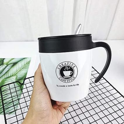 Creative Cafe Style Stainless Steel Travel Unbreakable Mug Stainless Steel Vacuum Insulated Coffee Ice Tumbler Double Wall Travel Flask Thermos Cup with Leak Proof Lid Coffee Filter Spoon for Cold Hot Drinks Tea and Beer White Black