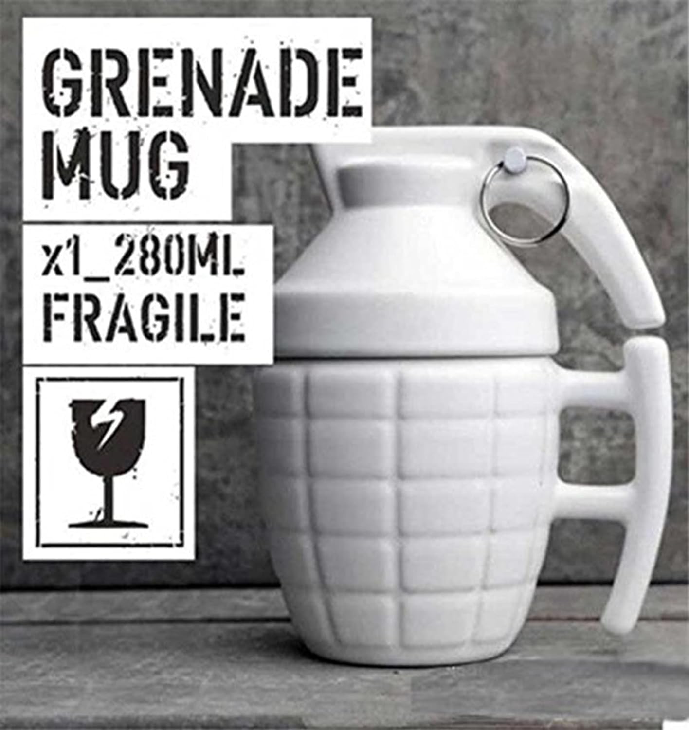 3D Ceramic Army Style Grenade Mug with Lid Coffee Tea Mug - 1 Piece, White, 280ml