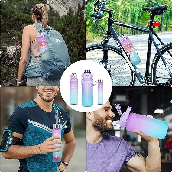 Motivational Leakproof  Water Bottle with Straw Time Marker, stickers , 3 Pcs Set