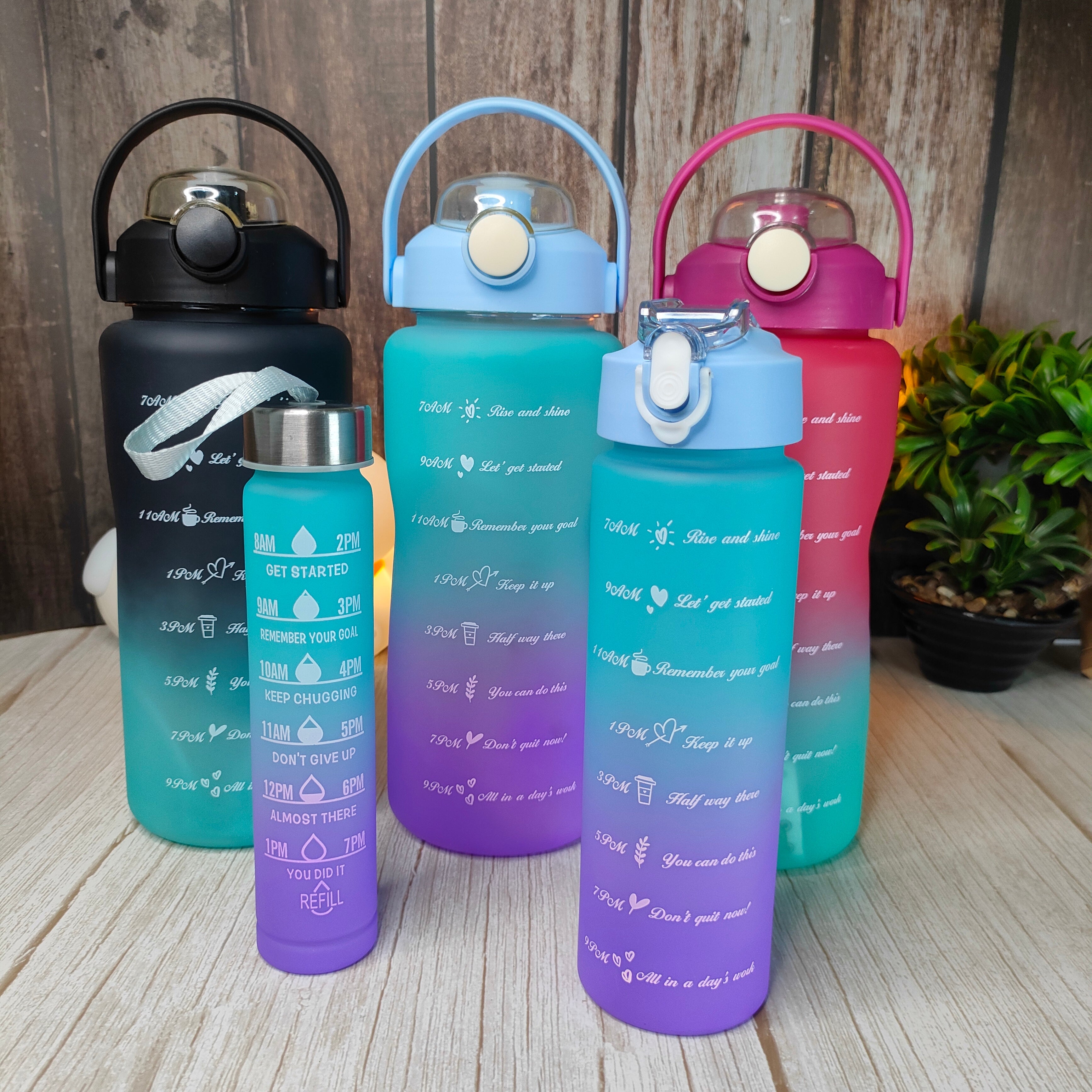 Motivational Leakproof  Water Bottle with Straw Time Marker, stickers , 3 Pcs Set