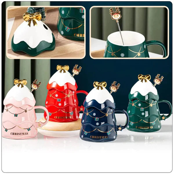 Christmas Coffee Bow Mug, Christmas Tree Ceramic Coffee Mugs 500ml Large Capacity Mug, Cute Cups with Lid and Spoon for Christmas, Gift for Coffee & Tea lovers.