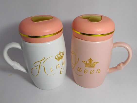 Baby Pink & White King & Queen Ceramic Coffee & Tea Mugs with Golden Heart lid for Couples.